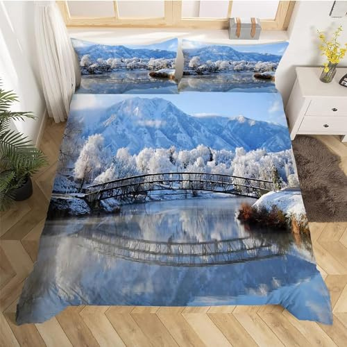 Copripiumino una Piazza e Mezza Montagna di Neve Invernale, Set di Biancheria da Letto Paesaggio Naturale in Morbida Microfibra Stampata in 3D con Cerniera Copripiumino 200x200 cm con 2 Federe D63