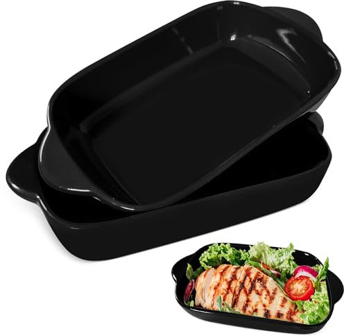2 Stück Auflaufform Keramik, 23 x 13 cm, Rechteckige Kleine Auflaufform mit Griff, Für Lasagne, Tiramisu & Auflauf（Schwarz）