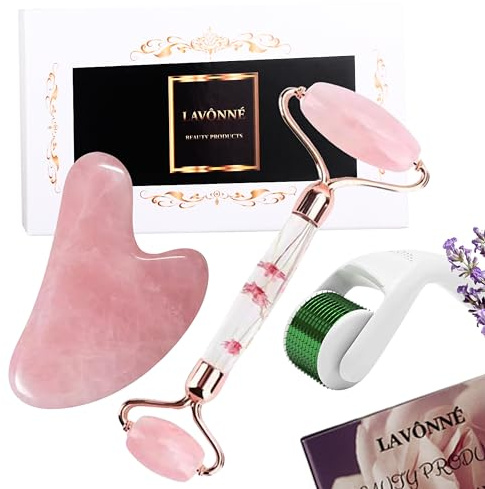 LAVÔNNÉ 100% Authentic Rose Quartz Jade Roller and Gua Sha Set for face. Premium Quality Complete Kit. Facial Tools. Microneedle Derma Roller. Natural Facial Gift Set Women (Pink, 4 PCS)