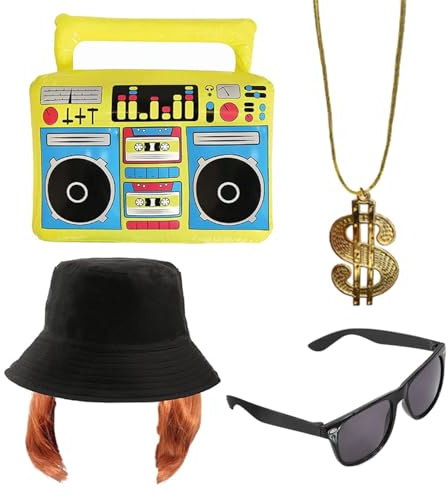 Costume da Kevin per adulti, cappello da pescatore, parrucca da zenzero, boombox gonfiabile, occhiali da sole neri, catena da dollaro dorata, costume per adulti