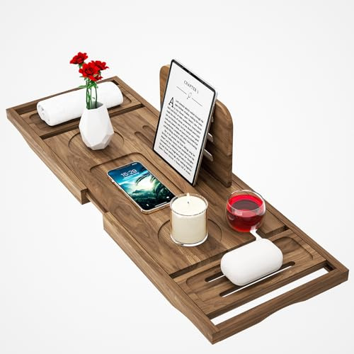 Plateau de Baignoire en Teck de qualité supérieure, Plateau de Bain Extensible pour Baignoire, Accessoires de Salle de Bain, Excellent Cadeau de Pendaison de crémaillère, d'anniversaire et de Mariage