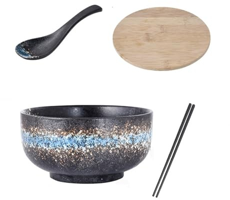 Tefrine Bol à ramen japonais avec baguettes et cuillère peintes à la main en céramique bleue vintage 16,5 cm
