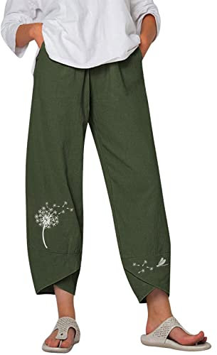 7/8 Sommerhose Damen Leicht und Luftig,Leinenhose Sommer Caprihose Baumwolle- 3/4 Freizeithose Stoffhose Mit Taschen High Waist Weite Lässig Hose Elastische Taille Leinen Hose Relaxhose