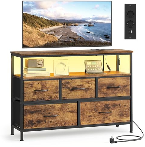 SONGMICS BELLAH Collection - Commode Chambre, Meuble de Rangement, Éclairage LED Réglable, Multiprise, 1 Étagère, 5 Tiroirs, Style Industriel, Marron Rustique et Noir d'encre LGS723KD01