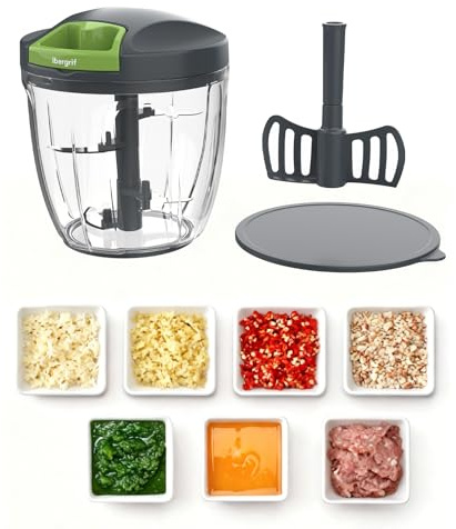 Ibergrif Tritatutto Manuale a Corda 900 ml con Lame in Acciaio Inox e Paletta, Base Antiscivolo, BPA Free, Portatile Trita Cipolla Manuale per Aglio Frutta Secca Pappe Bimbo