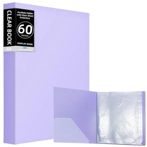 Binder with 60 Plastic Sleeves, Display 120 Pages Book with a Card Pocket, Art Portfolio Folder with Clear Sheet Protectors, Presentation Book for Artwork, Document Organizer, Purple