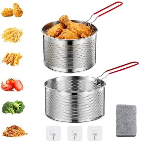 2-pack rostfritt stål frityrskål (18+20cm) med avtagbart handtag – Mångsidigt som pastasiv, frityrsiv & sivskål för pommes, grönsaker och pasta, platsbesparande