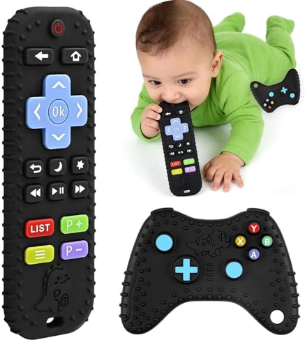 SJACXANM Telecommande Bebe, 2 Pièces Jouet Telecommande Bebe, Silicone Sans Bpa, Anneau Dentition Bebe Pour 0-24 Mois Bébés Filles Garçons