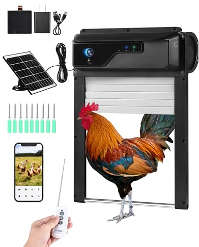 Caifunway Automatic Chicken Coop Door with HD Camera, Solar Powered, 5000mAh Battery, WiFi Enabled, APP-Based Monitoring, Remote Control and Timer, with Anti-Trap Sensor and Alarm Drive (Black)