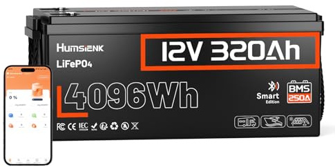 Humsienk Batteria Litio 12V 320Ah LiFePO4 con Bluetooth, protezione 250A BMS a bassa temperatura, Max. 15000 cicli, 3200Wh Energia per Camper, Barca, Pannello solare, Accumulo fotovoltaico