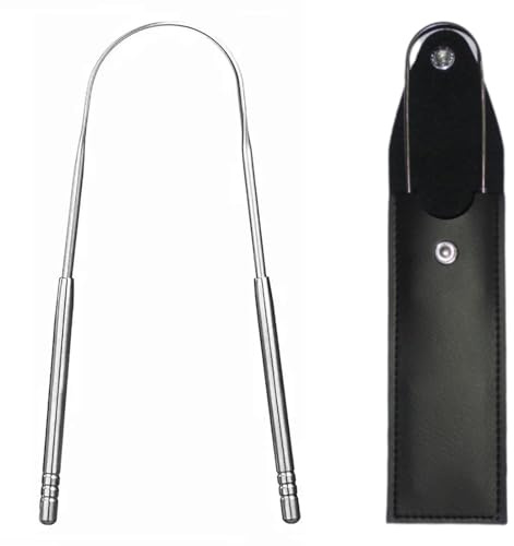 Tongue Scraper for Adults with Leather Travel Case, 100% Stainless Steel, Reduce Bad Breath, Tongue Scrubber, Easy to Use, Tongue Cleaner for Oral Care & Hygiene
