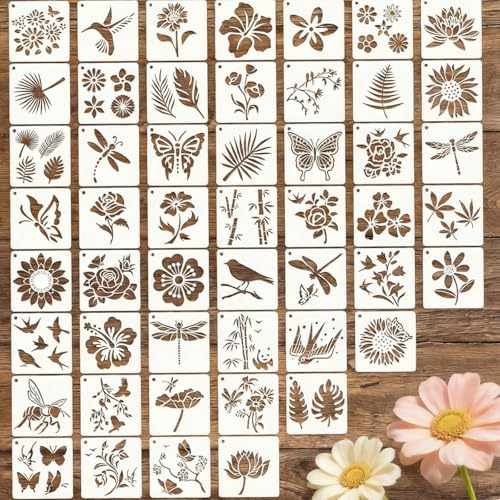 Pochoirs Réutilisables,Pochoirs à Fleurs pour Peinture,50PCS,75x75cm | Pochoirs Réutilisable en Plastique avec Motifs de Fleurs,Papillons et Oiseaux pour Peinture Murale DIY,Artisanat,Scrapbooking