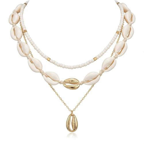 MYZWEL Set di 3 Collane con Conchiglie per Uomo e Donna, Collana Surfista con Perline in Legno e Conchiglie Naturali, Gioielli Boho per Mare e Estate, Collane Regolabili Stile Hawaiano