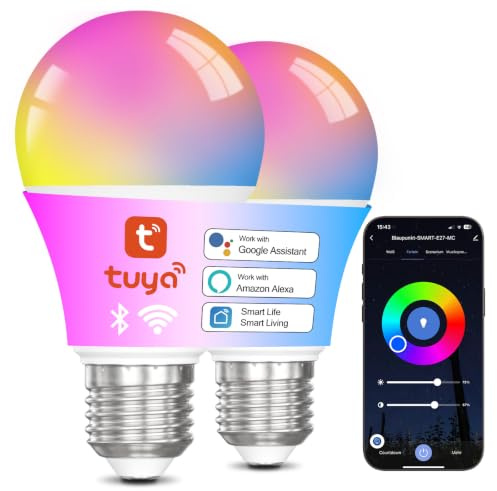 ChangM Smart Glühbirne E27,10W WLAN LED Lampe Werke mit Tuya or Smart Life APP, Kompatibel mit Alexa und Google Assistant, RGBCW+WW A60 Smart Glühbirne, 16 Millionen DIY-Farben 2700K-6500K, 2 Stück