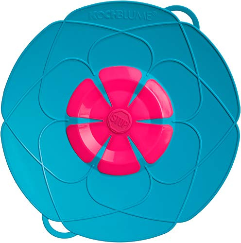 Kochblume - Sonderedition vom Erfinder! Ein Deckel für Alles…Überkochschutz, Microwellen-Deckel, Spritzschutz und Dampfgaraufsatz- türkis/pink - L 29 (für Topfgröße Ø 14-24 cm) Set mit Microfasertuch!