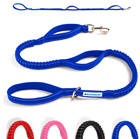 Shed Defender Stoßdämpfende Bungee-Leine – DREI gepolsterte Griffe für Verkehrskontrolle in verschiedenen Längen, dehnbar von 1,2–2,1 m, elastische Hundeleine, reflektierende Nähte, Training, blau