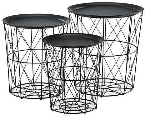 [en.casa] 3er Set Metallkorb Beistelltisch 'Worcester' Schwarz Couchtisch mit abnehmbare Tischplatten Sofatisch Tablettisch Wohnzimmertisch 3 Beistelltische