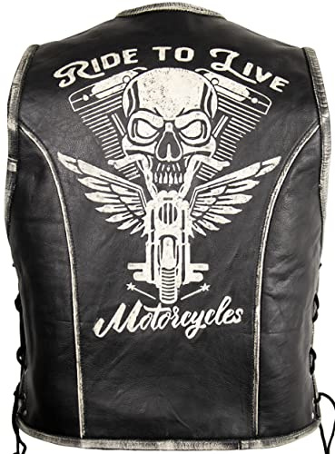 MDM Chaleco de piel para hombre con estampado de calavera, Negro Lavado, L