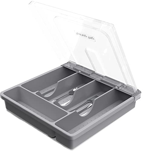 HIMAugbo Besteckkasten mit Deckel, Besteckkasten für Camping，Kunststoff besteck aufbewahrung Sortierschale für Arbeitsplatte/Reisen/küchenbrett 30 x 30 x 7 cm，Grau