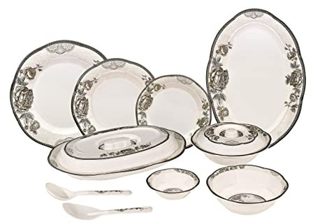 Set di stoviglie in melamina da 36 pezzi, design contemporaneo con stampa floreale, infrangibile, leggero, con piatti e ciotole con doppia perla, smalti reattivi solidi (fiori grigi)