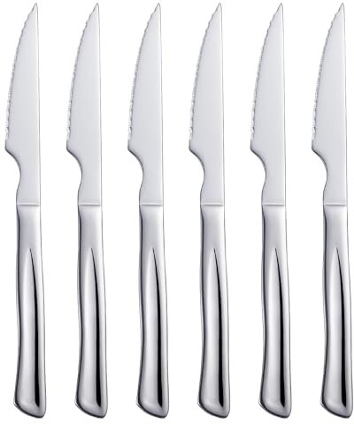 Seeshine Set di coltelli da bistecca argento, 6 pezzi in acciaio per cucina. Coltello da bistecca 22 cm seghettato, coltello da cena, manici ergonomici