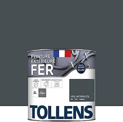 Tollens - Peinture extérieure fer 2 en 1 - Ultra Résistante - Protection antirouille - Laque Riche en Résine - Sans Sous-Couche - Entretien Facile - Brillant - Gris Anthracite - 2L = 32m2