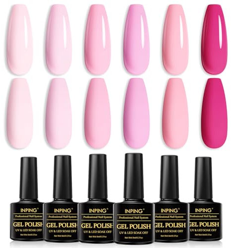 INPING Gel Nail Polish, 6 Colors Pink Gel Polish Set, Baby Pink Pale Pink Light Pink Bright Rose Red Nail Varnish for Women Sweet Love Valentine's Day Nail Art Salon, Long Lasting