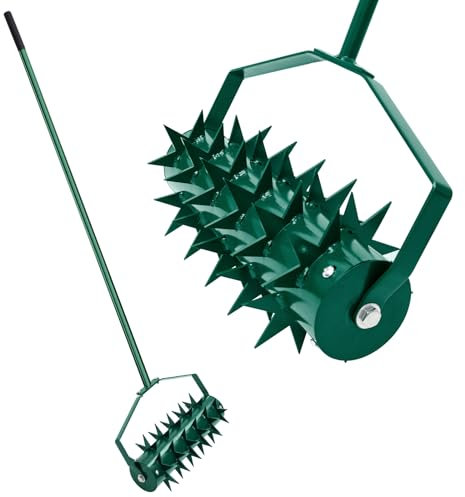 JAOGAUS Aireador de césped al aire libre, hoja en forma de cuerno, rodillo manual con mango de metal extraíble telescópico ajustable de 3 niveles, herramienta resistente para césped de jardín al aire