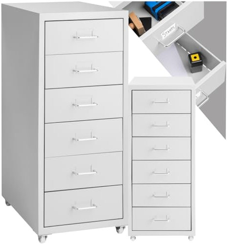 tectake® Metall Rollcontainer, Büromöbel für Schreibtisch, Büro Organizer mit 6 Schubladen, Schubladenschrank 41x28x69 cm - hellgrau