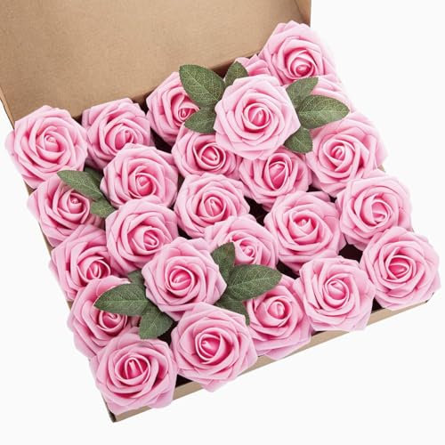 Exoment 25 rose artificiali in schiuma, rosa realistiche al tatto, con stelo, per bouquet da sposa fai da te, centrotavola, composizioni per feste, baby shower, decorazione della casa (25, rosa)