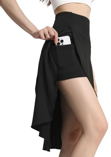 Bezioner Hosenrock Damen Sommer Midirock Tennisrock mit Hose Taschen HoherTaille Golfrock Sportrock mit Schlitz Rüschensaum Schwarz L