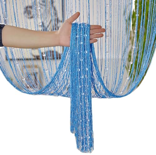 IOIUSKKU Cortina de Puerta con Hilo encriptado, Elegante Cortina de poliéster con Cuentas de Cristal para Puerta, Cortina divisoria para Dormitorio, Azul, 1 * 2 m