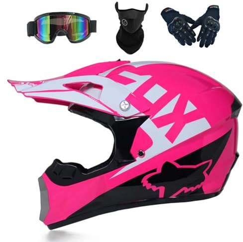 Motocross Helm Kinder Erwachsene Dirt Bike Offroad Cross Helms Herren ATV Motocross Jugend Motorradhelm MX Enduro Full Face MTB Helms Mit Brille Maske Handschuhe Downhill Helm,Pink-M