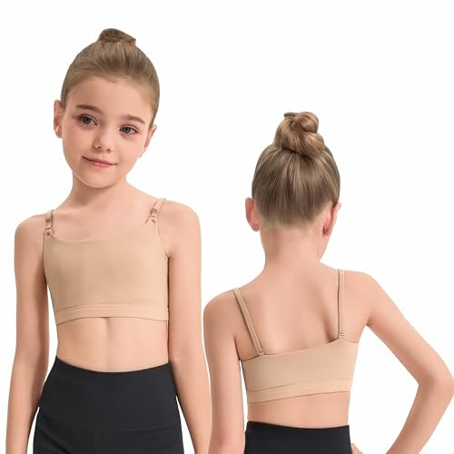 NEWCHAO Clear Strap Dance Bra Seamless Nude Bra for Girls,7-16 Years Training Ballet Gymnastics with 2 Pairs of Straps and 1 Pair of Silicone Pads