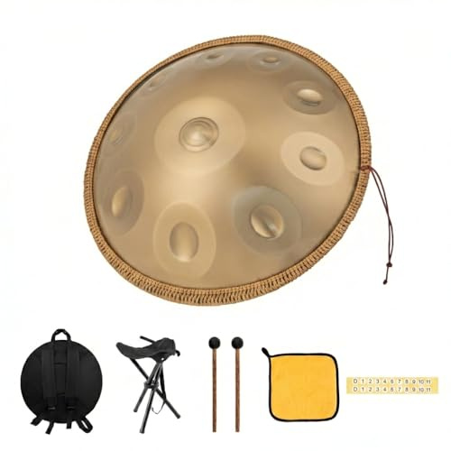 Handpan Tambor 22 Pulgadas, 10 Notas Re Kurd 440Hz, Oro, Acero Aleado, Set