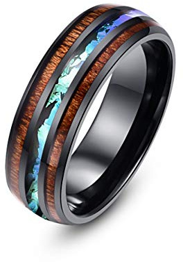 8mm Hawaiian Koa Wood and Abalone Shell Stainless Steel Rings Wedding Bands for Men Comfort Fit (Black, 14)