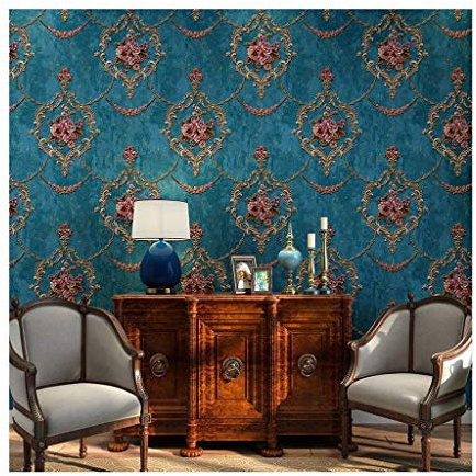 JLWM Tapete Barock Vlies, Vliestapete Barocktapete 3d Linderung Amerikanisch Vintage Pastoral Europäischer Stil Luxuriös-Blau-0.53x10m
