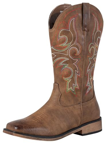 SheSole Women's Square Toe Western Cowgirl Cowboy Boots Mid Calf Embroidered Brown UK Size 8