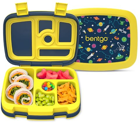 Bentgo® Kids Prints Leak-Proof 5-Compartment Bento Lunch Box - Ideal Portion Size for Kids Ages 3-7 - BPA-Free, Dishwasher Safe, Food-Safe Materials (Space)