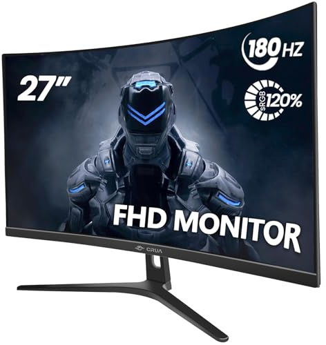 CRUA 27 Curved Gaming Monitor, FHD 1920x1080P, 144Hz/180Hz Computer Monitor, 1800R VA Screen, 120% sRGB, AMD FreeSync, HDMI & DP, Wall Mount Install- Black