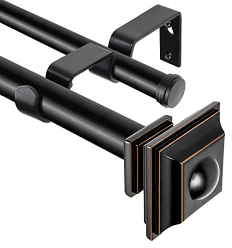 KAMANINA 1 Inch Double Curtain Rod 36 to 72 Inches (3-6 Feet) Telescoping Black Curtain Rods for Windows 24 to 68 Inches, Heavy Duty Drapery Rods with Square Finials