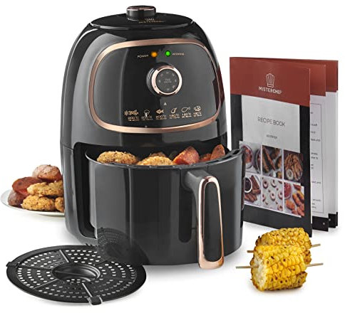 MisterChef® Luftfritteuse, VORTX Frittiertechnologie, 30 Minuten Timer und einstellbare Temperaturregelung für gesundes ölfreies oder fettarmes Kochen, 1000 W, 2,0 Liter, schwarz