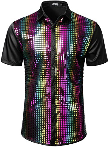 JOGAL Mens Dress Shirt Silver Sequins Short Sleeve Button Down 70s Disco Shirt Party Costume Rainbow X-Large
