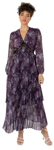 Anaya with Love Women's Midaxi Dress Ladies Long Blouson Sleeve V-Neck Tiered Pleated Lace Insert Empire A-line Wedding Guest Evening, Purple Floral, 46
