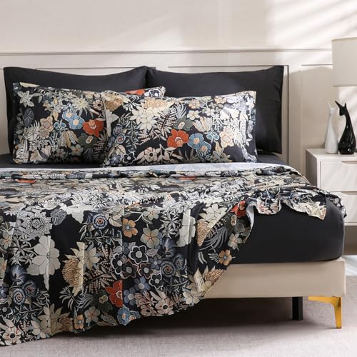LONAVA Flower King Size 6 Pcs Sheet Set, Breathable Microfiber Deep Pocket Black Fitted Sheets, Comfy & Breathable Patterned Flat Sheets,4 Gentle Soft Pillowcases, Midnight Blossoms