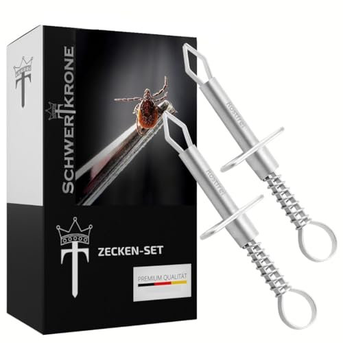 Schwertkrone Zeckenzange mit Haltebügel Metall 2er Set - Zeckenentferner mit Feder, Zeckenset für Mensch, Katze und Hund aus hygienischem Edelstahl