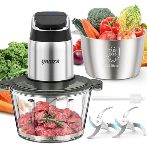 Ganiza - Food processor, meat grinder with glass and stainless steel bowls 8 cups, 450 W 2-speed copper motor and overheat protection light, incl