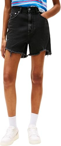 Tommy Jeans Donna Pantaloncini in Jeans Mom Vita Alta, Nero (Denim Washed Black Black), 26W