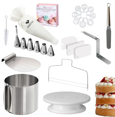 PRESTOV Accesorios para tartas, 26 unidades, anillo ajustable de 15 cm, plato giratorio para tartas, pala para tartas, cortador de tartas, manga pastelera con 6 boquillas, 8 plantillas para tartas, 3