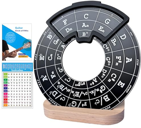 Ssllretu Circle of Fifths Wheel Metal Melody Tool with Guitar Chord Chart Music Theory Book and Wooden Stand for Musical Instruments, Black